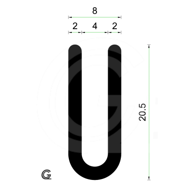 Rubber U Profiel | binnenmaat 4 mm | hoogte 20,5 mm | dikte 2 mm | rol 50 meter